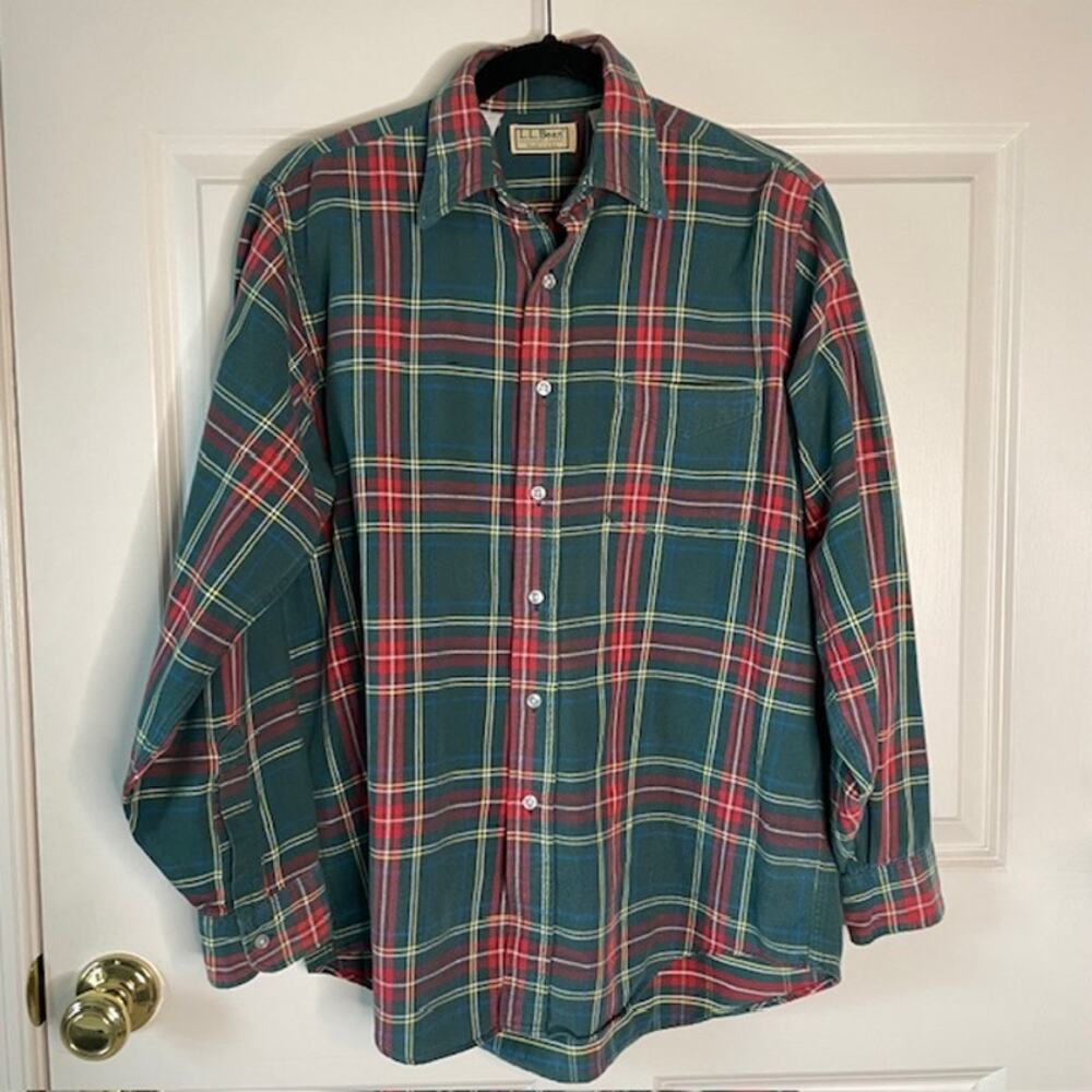 L.L.Bean Made in USA Plaid Flannel Shirt Mens Medium Green Red Heritage Outdoors